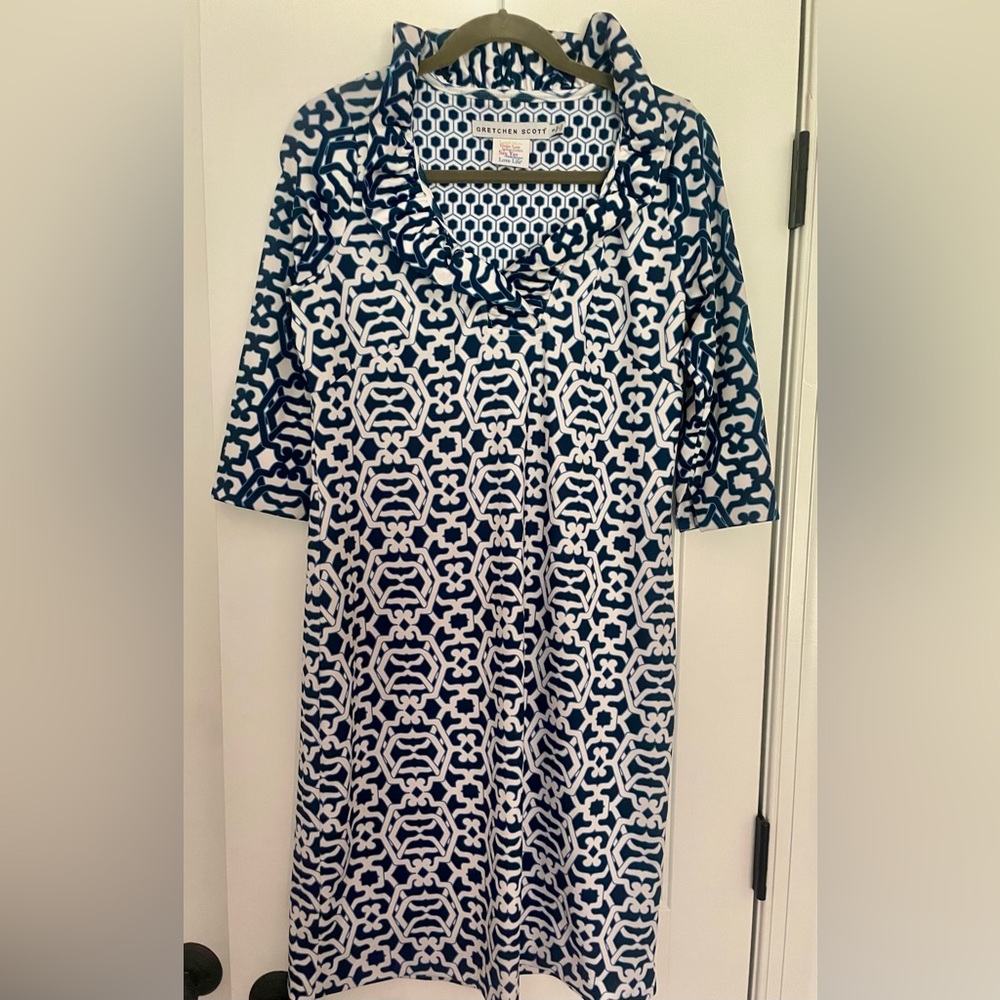 Gretchen Scott Classic Ruffle shift Blue and White Patterned Dress